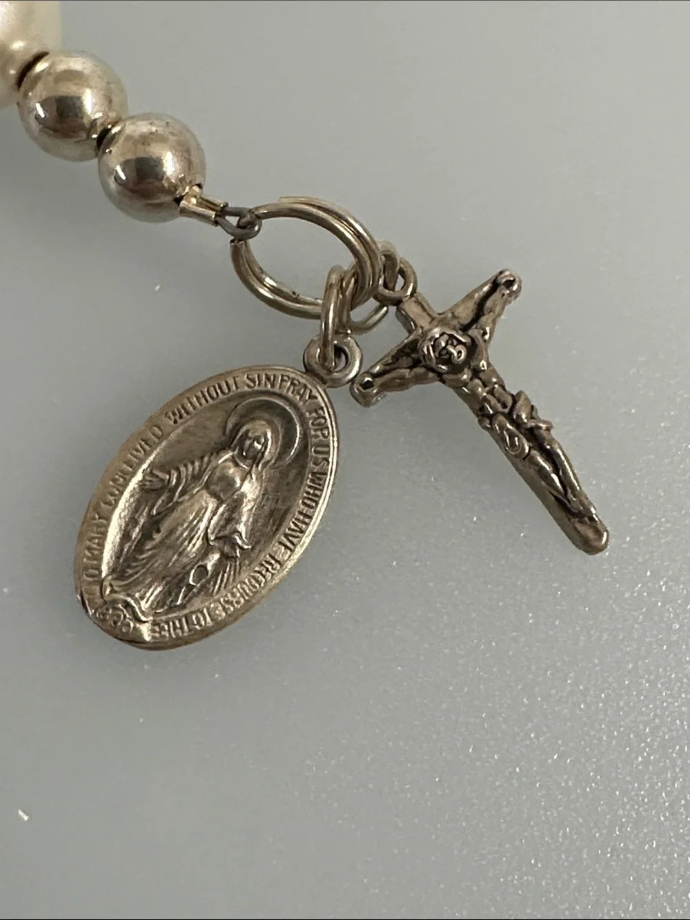 925 Sterling Silver Pearl and Silver Religious Charm Bracelet